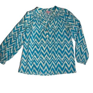 Lilly Pulitzer silk top size XS. Aqua and white. “Lilly” buttons on front
